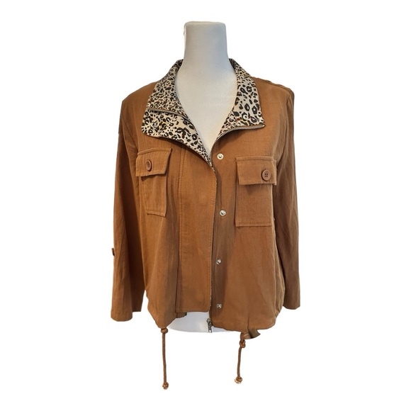 En Creme Zip Up Brown Jacket Animal Print Trim Women’s Size S - Picture 1 of 7